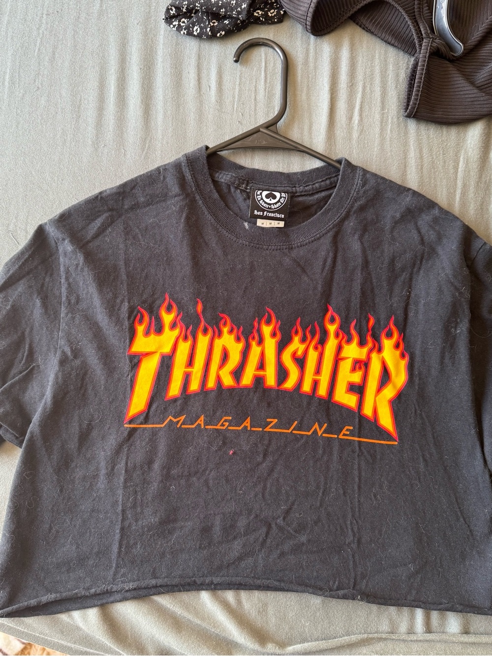 Thrasher Black Crop Top with Yellow-Red Flame Logo